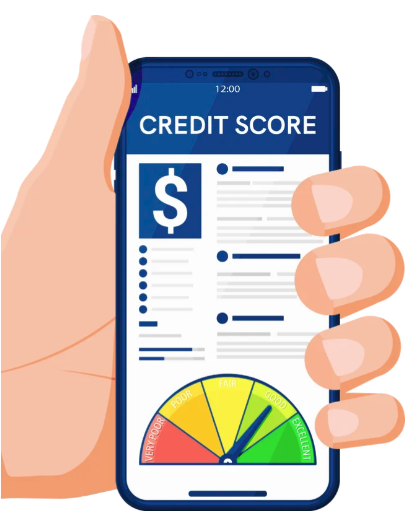 Hand holding a smartphone displaying &ldquo;Credit Score&rdquo; with a report-style screen and a colored credit score gauge ranging from very poor to excellent.